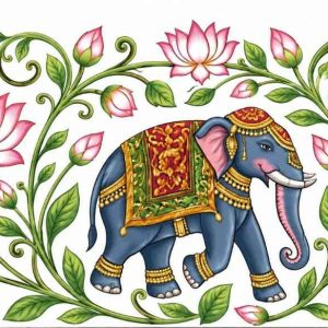 Royal Blue Elephant & Pink Lotus Vine Border - Image 1