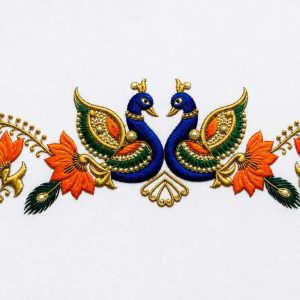 Royal Blue Peacock & Orange Lotus Embroidery Motif - Image 1