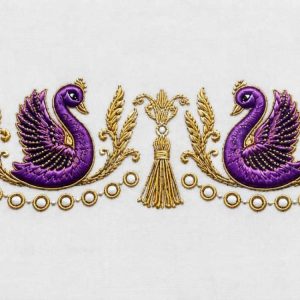 Purple Swan & Gold Tassel Zari Embroidery Motif - Image 1