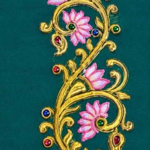 Pink Lotus & Gold Vine Aari Work Border - Image 1