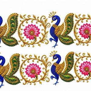 Royal Blue Peacock & Pink Lotus Vine Motif - Image 1