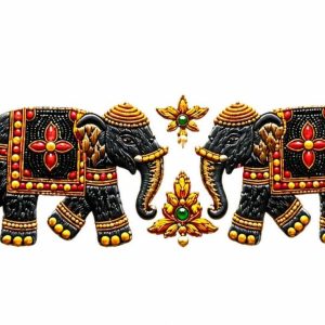 Royal Black Elephant & Lotus Motif Border - Image 1