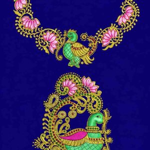 Royal Blue Peacock and Lotus Neck & Sleeve Design