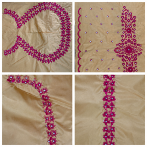 Beige & Magenta Floral Lattice Embroidery - Image 1