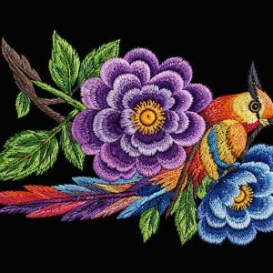 Embroidered Songbird & Purple Peony - Image 1