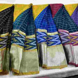 Ikkat Print Checkered Zari Border Sarees - Image 1