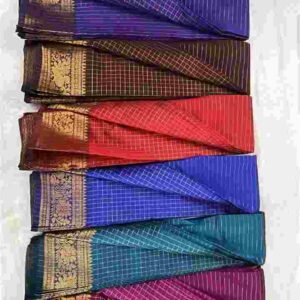 Checked Silk Sarees with Peacock Zari Border Stack - Image 1